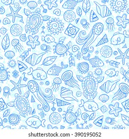 beach and sea doodles, vector seamless background
