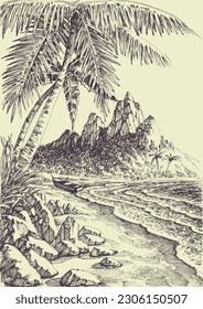 Beach and sea hand drawing, palm trees and mountains landscape