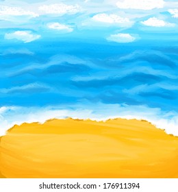 Beach, sea, hearts, blue sky, sand. Summer sea background. Vector illustration.