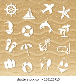 Beach with sea icons, wave sand