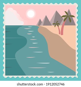 Beach and sea landscape against the backdrop of mountains and sunset. Vector illustration in a flat style. Retro postcard or poster design in lace frame.