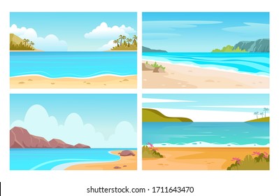 Beach, sea landscapes. Tropical seascapes with mountains, beach and palm trees