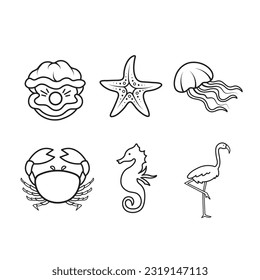 Beach or sea marine animals outlined vector icon set collection isolated on square white background. Simple flat sea marine animal creatures outlined cartoon drawing.