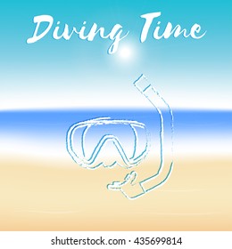 Beach, sea, mask, snorkel and sun illustration with text - "Diving time" . Marine summer landscape.