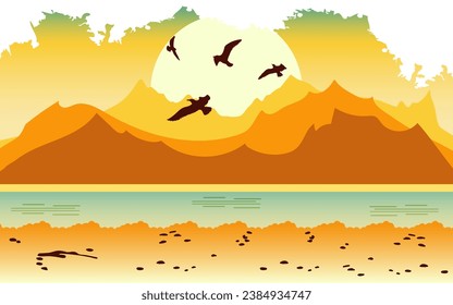 Beach, sea, mountains, seagulls on the background of the sun. Landscape. Isolated background