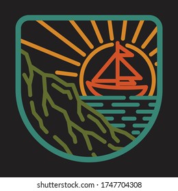 Beach sea nature wild line badge patch pin graphic illustration vector art t-shirt design