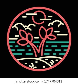 Beach sea nature wild line badge patch pin graphic illustration vector art t-shirt design