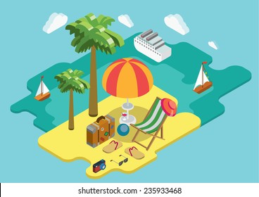 Beach sea ocean cruise summer vacation flat 3d isometric pixel art modern design concept vector. Palm island chaise lounge deck chair suitcase thongs. Web banners website infographics illustration.