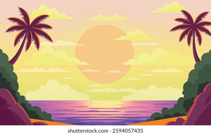 Beach Sea Ocean Island Landscape with Sun Light in Beautiful Majestic Sky at Sunset Sunrise