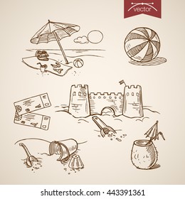 Beach sea ocean vacation cruise icon set. Engraving style pen pencil crosshatch hatching paper painting retro vintage vector lineart illustration. Toy sand castle ball ticket cocktail relax bikini bag