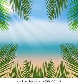 Beach with sea and palm leaves. Vector Illustration. EPS