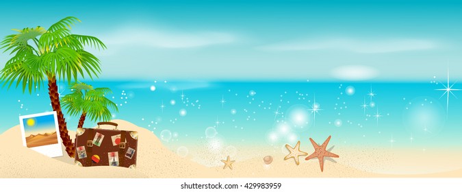 Beach, sea, palm trees, suitcase. Beach Holidays
