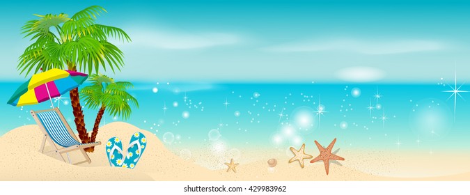 Beach, sea, palm trees with sun beds and umbrellas. Beach Holidays