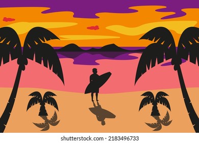 Beach sea and palm trees at sunset and a man holding a surfboard. Vector illustration
