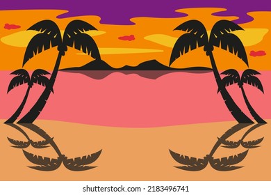 Beach sea and palm trees at sunset. Vector illustration