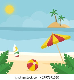 Playa, mar y palmeras. Ilustración plana vectorial. Diseño de fondo de verano