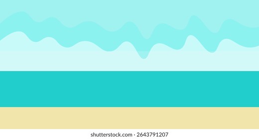 Beach sea panorama landscape background or paradise seaside shore resort with wavy ocean, white sand, blue sky and clouds background flat summer nature illustration seamless repeated image
