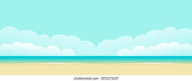 Beach sea panorama landscape vector background or paradise seaside shore resort with wavy ocean, white sand, blue sky and clouds background flat cartoon summer nature illustration seamless repeated