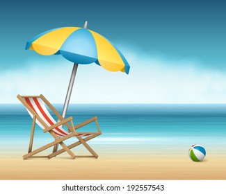 Beach sea with reclining beach chair and umbrella summer holidays vector background. 