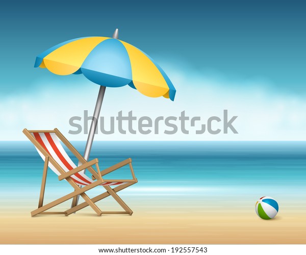 Beach sea with reclining beach chair and umbrella summer holidays vector background. 