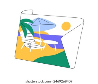 Playa, balneario, tarjeta de papel. Playa con sombrilla, tumbona, tumbona, palmera y sol de verano. Paraíso tropical para vacaciones. Ilustración vectorial plana aislada sobre fondo blanco