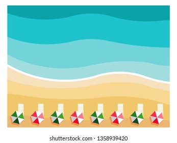 The beach with sea, sand and the lounge chairs under the red and green umbrella. Summer vacation or summer sale concept.