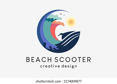 Beach or sea scooter logo design combined with waves in circles