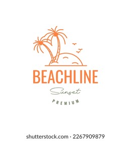 beach sea seashore sunset coconut trees birds colony lines hipster logo design vector icon