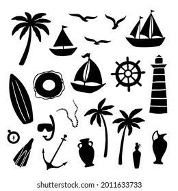 Beach and sea set of silhouettes. Flat illustration