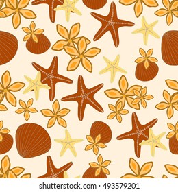 Beach with sea shells and starfish. Seamless pattern.
