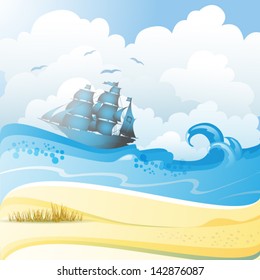 Beach and sea with ship