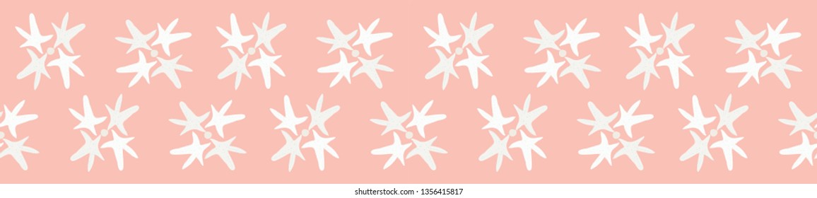 Beach sea star seamless pattern. Starfish form flower shapes repeating on a blush pink background. Great for wedding, spa or resort stationery, textiles, gift wrapping ribbon or product packaging.