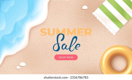 Beach and sea summer background vector. Yellow sand. Swim ring, Inflatable rubber circle, ball. Top view. Banner or poster. Sale template. Simple cartoon design. Realistic 3d. Illustration eps10.