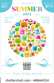 Beach sea summer concept design with travel symbols icon set. Beach party invitation. White background. Beach parasol, sunglasses, sea turtle, cocktail, hawaii island, straw hat, pearl, bikini, sun
