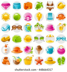 Beach sea summer concept design with travel symbols icon set on white background. Suitcase, starfish, beach parasol, sunglasses, sea turtle, cocktail, hawaii palm island, straw hat, pearl, bikini, sun