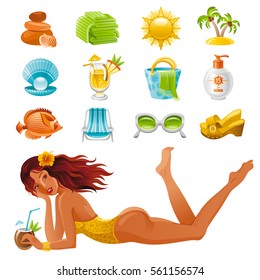Beach sea summer concept design travel symbols icon set, isolated white background. Sexy beautiful girl in bikini. Sunglasses, cocktail, hawaii palm island, pearl shell, sun, tropical fish, chair