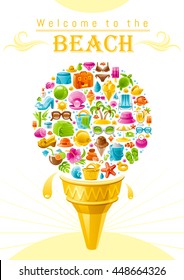 Beach sea summer design with travel symbols icon set. Text lettering Welcome to the Beach. Ice cream cone with vacation icons - suitcase, starfish, beach parasol, sunglasses, sea turtle, cocktail, sun