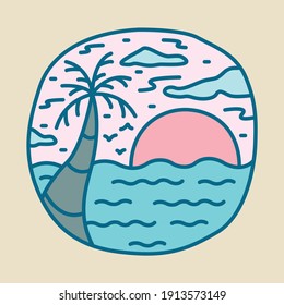 Beach sea summer holiday line badge patch pin graphic illustration vector art t-shirt design