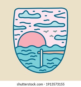 Beach sea summer holiday line badge patch pin graphic illustration vector art t-shirt design