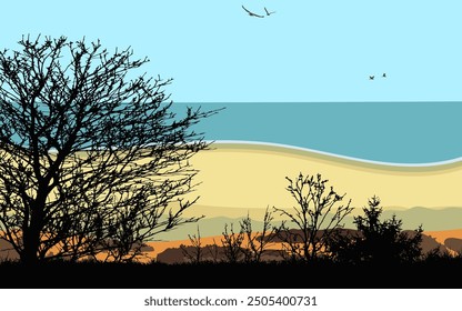 Playa mar paisaje de verano Vector ilustración de fondo de vacaciones de temporada naturaleza escena árboles coloridos arena agua cielo pájaros estilo retro Fondo de pantalla Anuncio cubierta