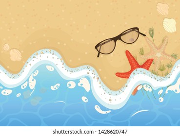 The beach and the sea. Summer wave background with bubbles, sea stars, shells and seaweed on the shore sunglasses a great design element, on a Sunny summer holiday. Vector graphics         