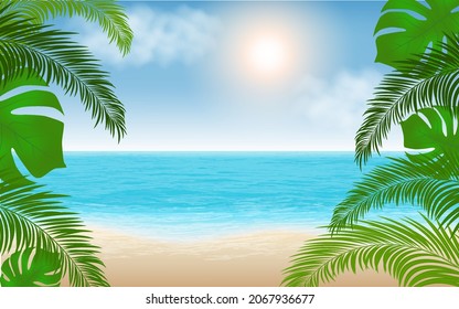 Beach, sea, sun with green branches. Summer background