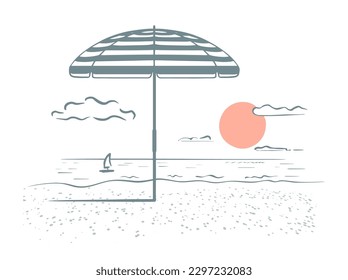 Sonnenuntergang mit Sonnenschirm am Strand, handgezeichnet Skizze. Vektorgrafik