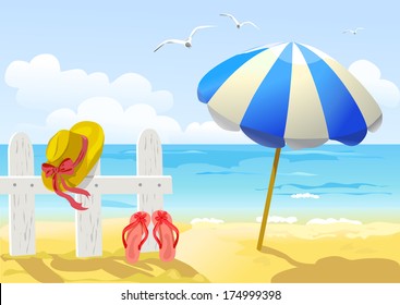 beach, sea and sun umbrella. vector illustration