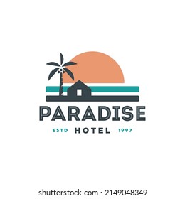 beach sea and sun vintage logo Illustration. and house with palm tree logo vector, tropical beach home or hotel icon design illustration