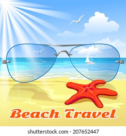 beach, sea and sunglasses. vector illustration