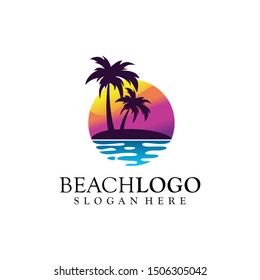 Beach, Sea, Sunset, Logo Design Vector Illustration