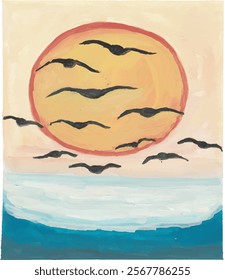 Beach sea sunset seagull pastel sky hand drawn watercolor illustration
