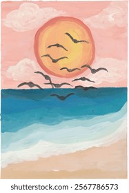 Beach sea sunset seagull pastel sky hand drawn watercolor illustration