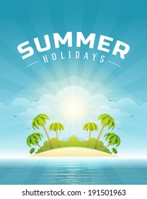 Beach sea with tropical island summer holidays vector background.